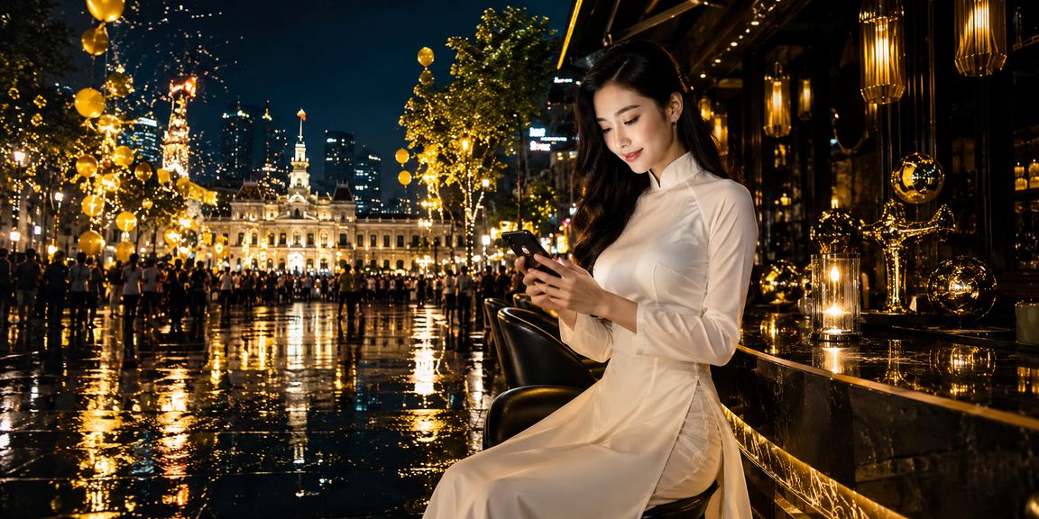 Người dùng TP. Hồ Chí Minh mặc áo dài truy cập casino trực tuyến trên điện thoại di động